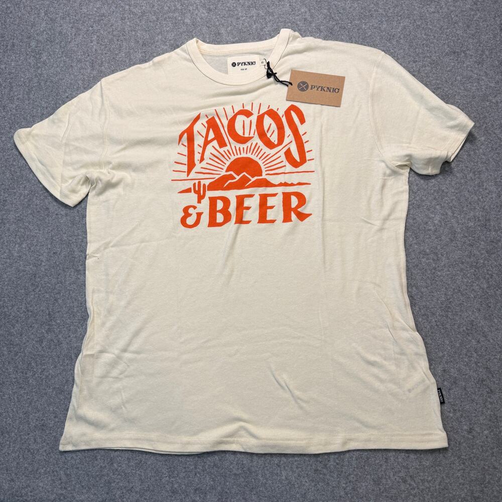 Woman's Pyknic Tacos and Beer Ivory and Orange Tee Shirt Size M‎ NEW